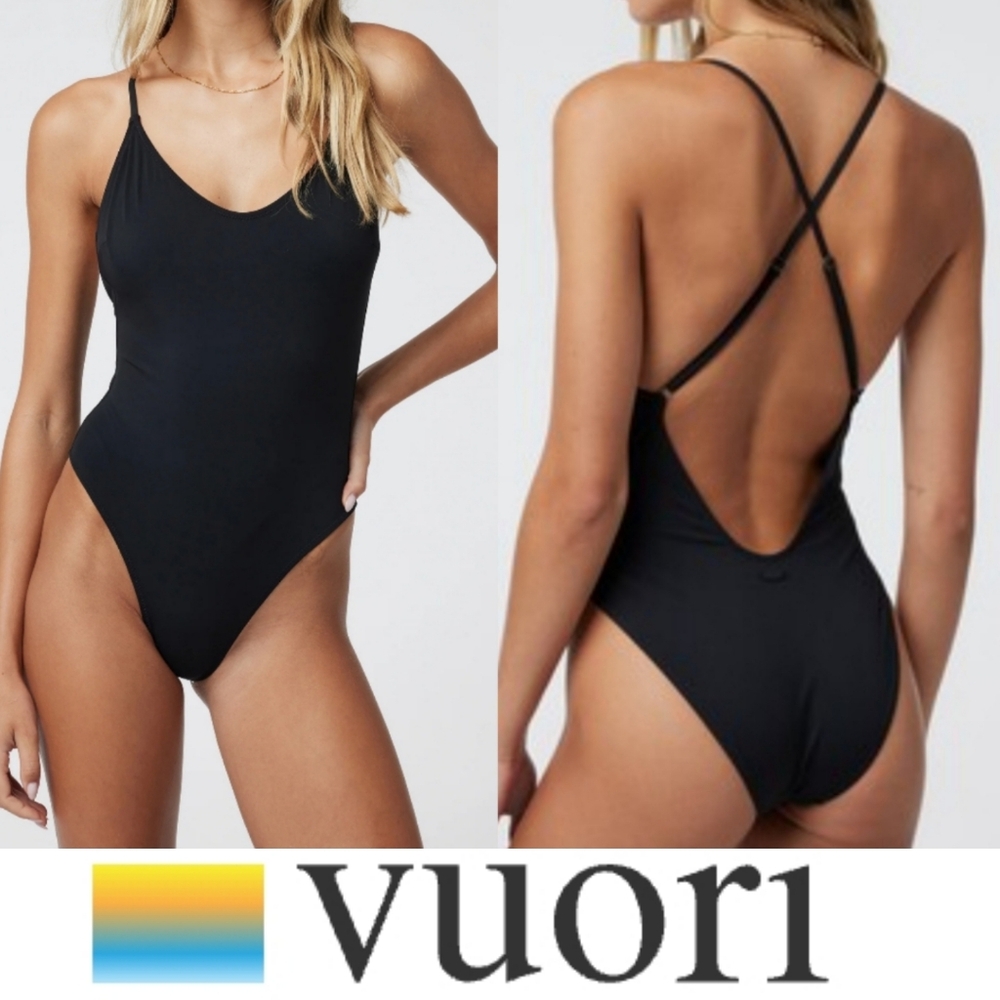Vuori Sunkissed One Piece Swimsuit NWT Black Lined Crisscross Back Low B…